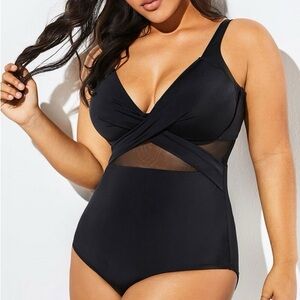 Black Cut Out Mesh Underwire One Piece Swimsuit 
Black /  2XL